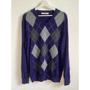 Vtg Old Navy Sweater Men's L Purple Navy w/Gray Purple Argyle Cotton academia